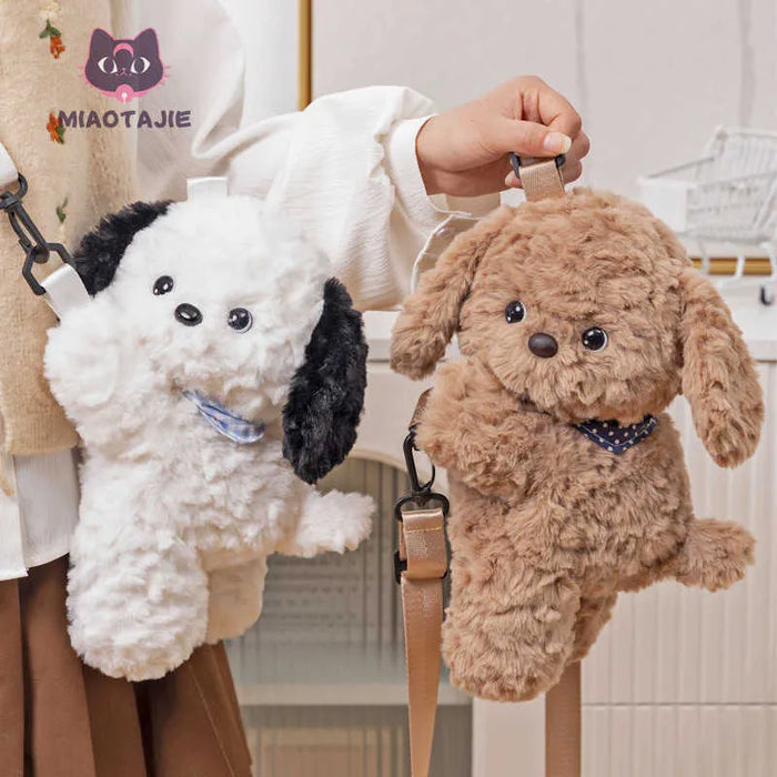 Cute Puppy White/Brown 30cm Plush Crossbody Bag